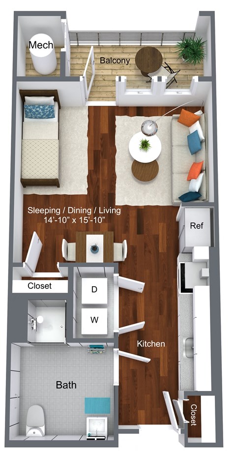 Floor plan for 1 bed, 1 bath, 510 sqft